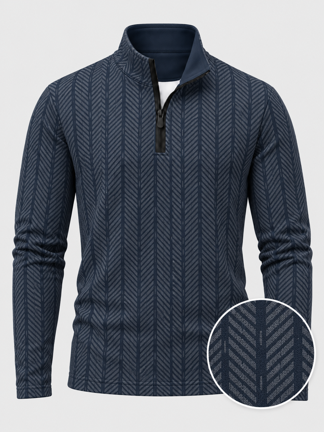 Navy Blue Herringbone Print Performance Golf Quarter-Zip Pullover