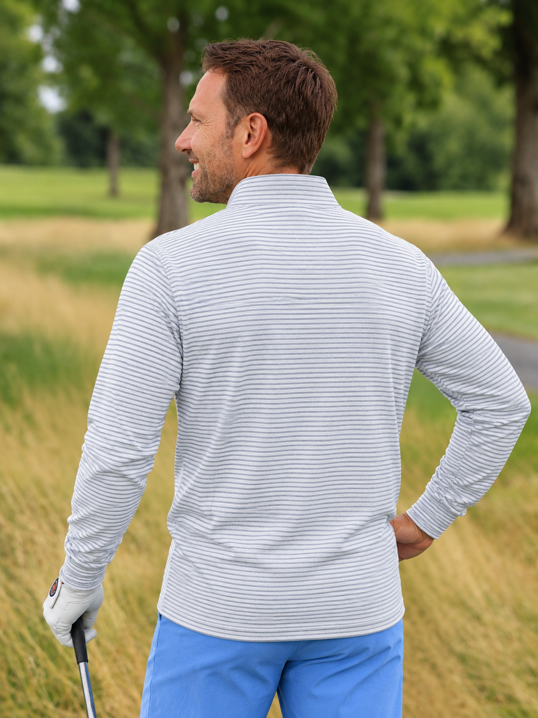 White Gray Striped Performance Golf Quarter-Zip Pullover