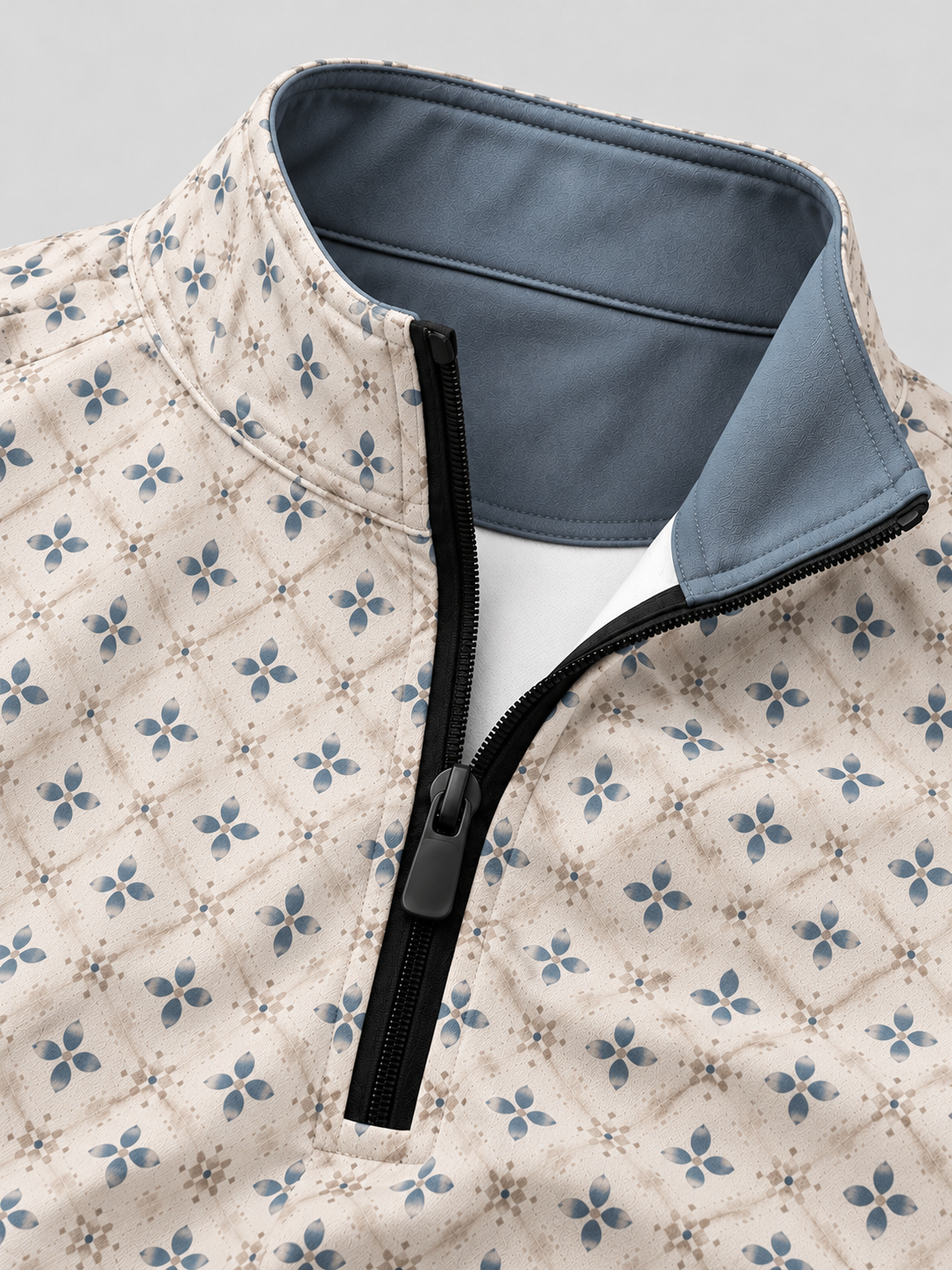 Cream Blue Floral Performance Golf Quarter-Zip Pullover