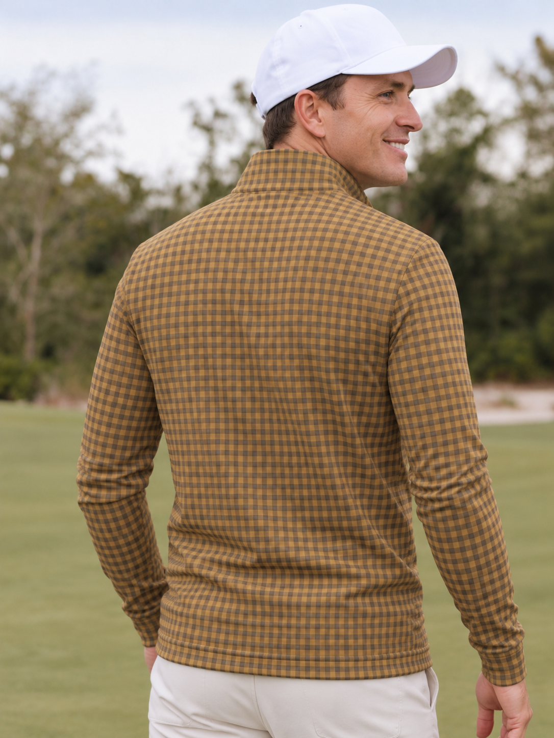 Golden Mustard Gingham Check Print Performance Golf Quarter-Zip Pullover