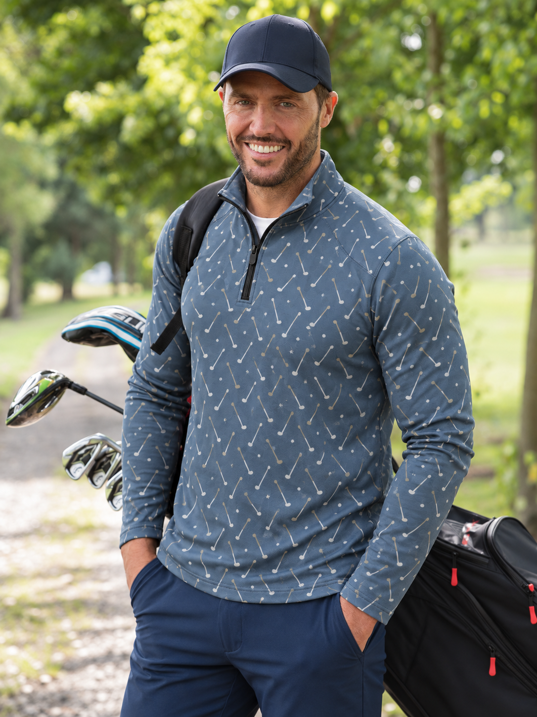 Slate Blue Golf Club Print Quarter-Zip Pullover