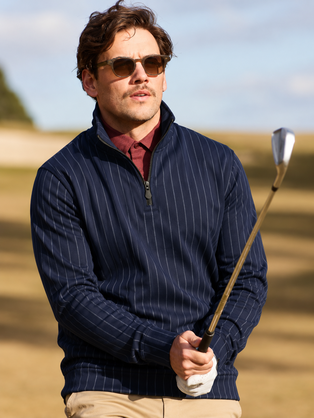 Navy Blue Pinstripe Performance Golf Quarter-Zip Pullover