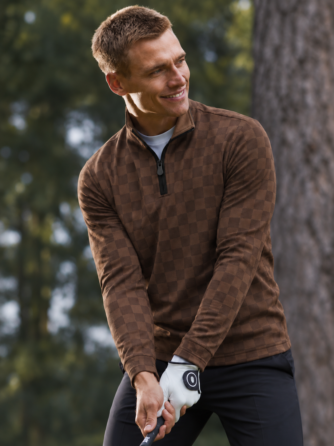 Vintage Chocolate Brown Checkerboard Golf Quarter-Zip Pullover