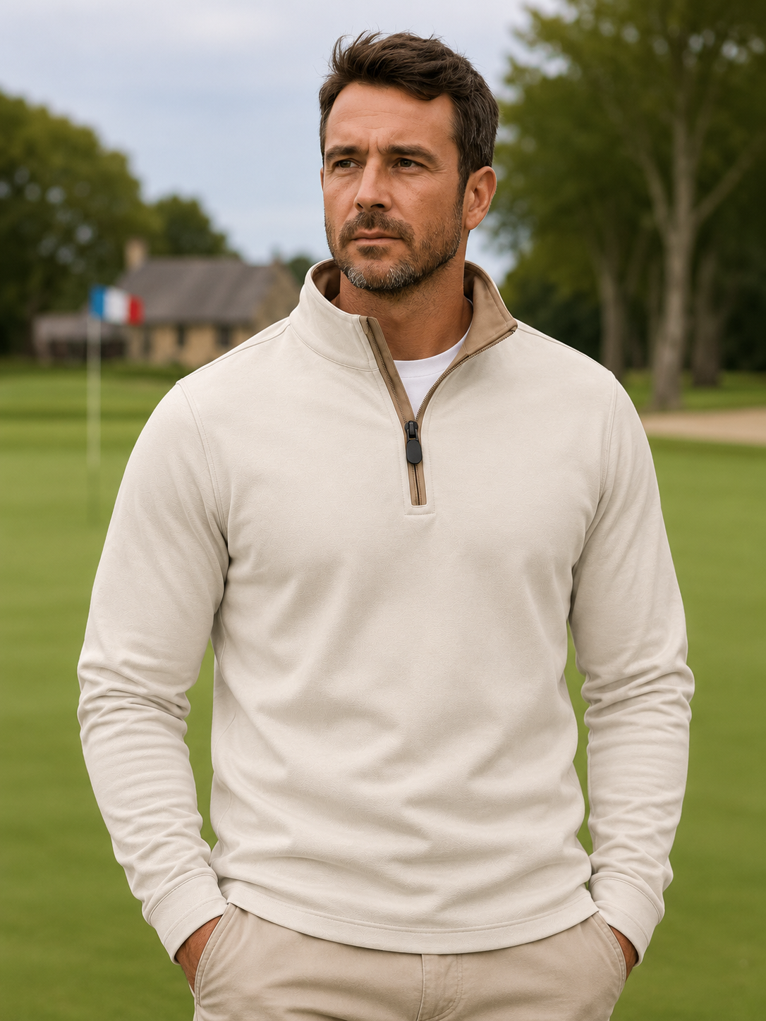 Cream Beige Textured Performance Golf Quarter-Zip Pullover