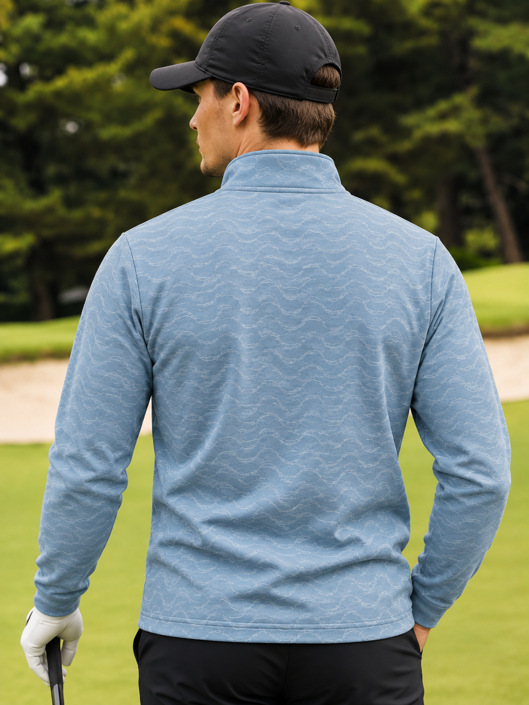 Ice Blue Wave Texture Print Performance Golf Quarter-Zip Pullover