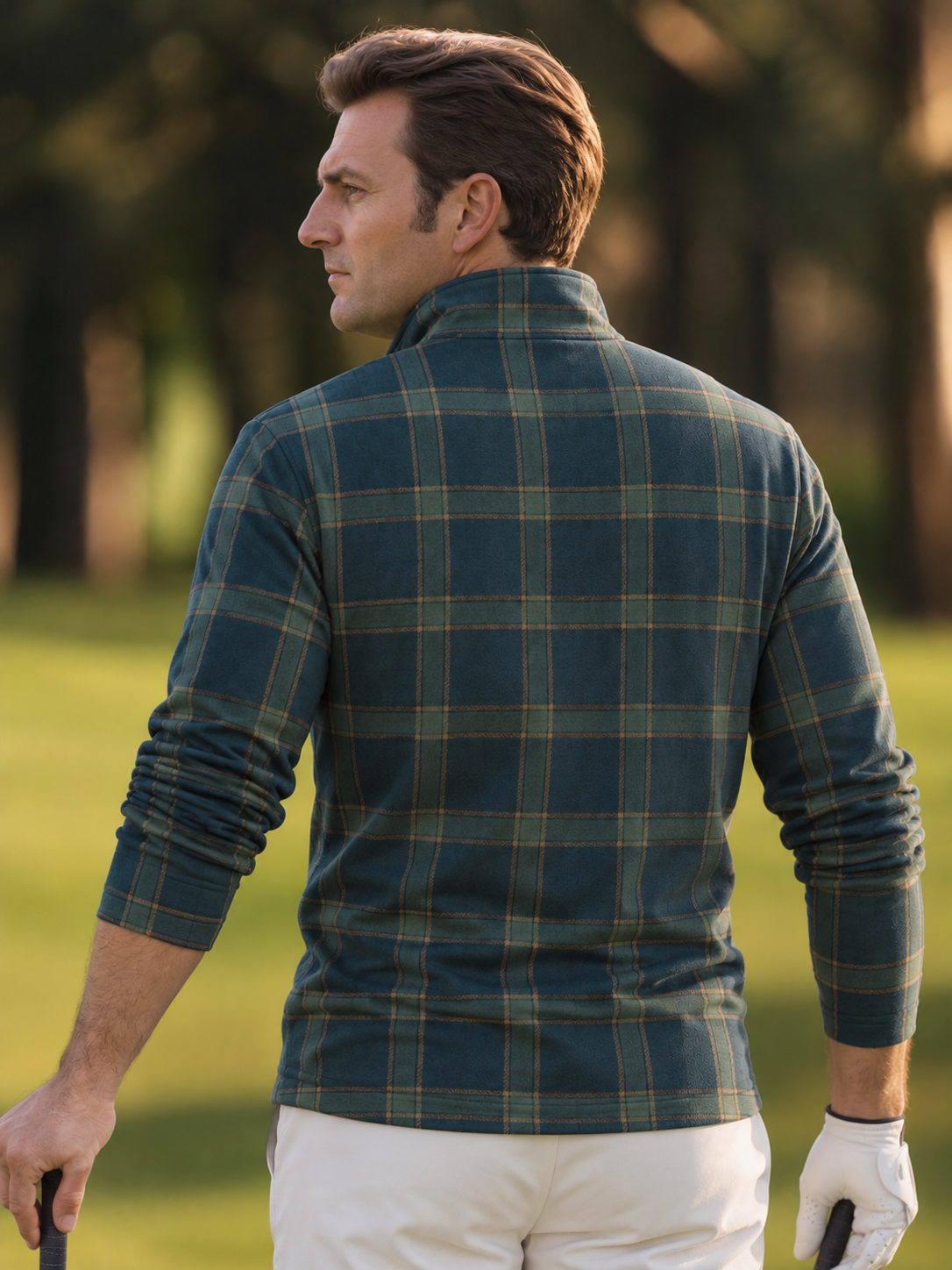 Deep Teal Blue Heritage Plaid Print Performance Golf Quarter-Zip Pullover