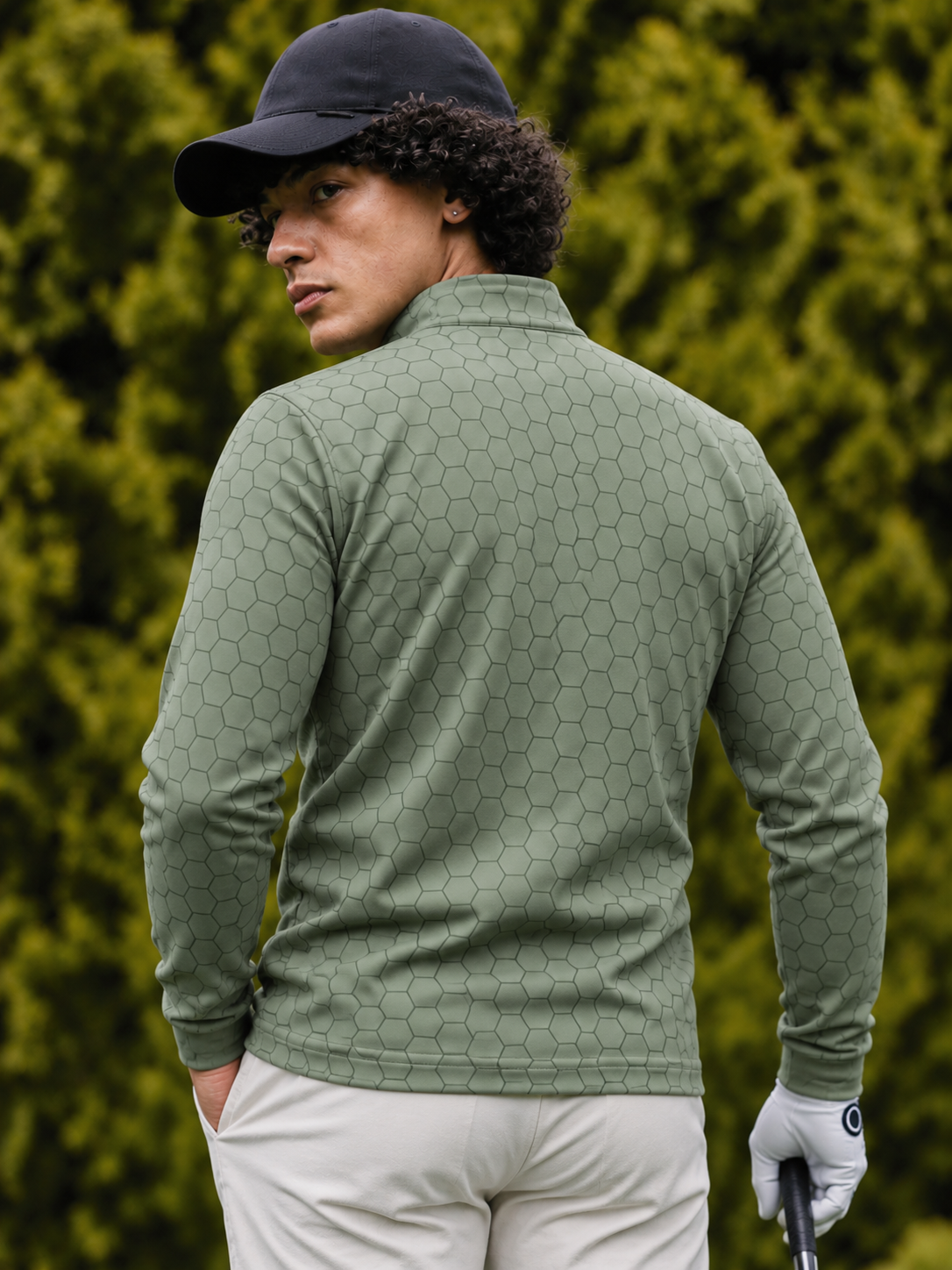Sage Green Honeycomb Print Performance Golf Quarter-Zip Pullover