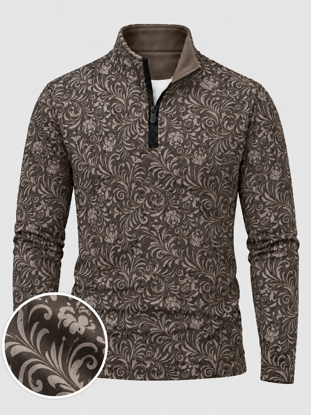 Dark Brown Vintage Floral Print Performance Golf Quarter-Zip Pullover