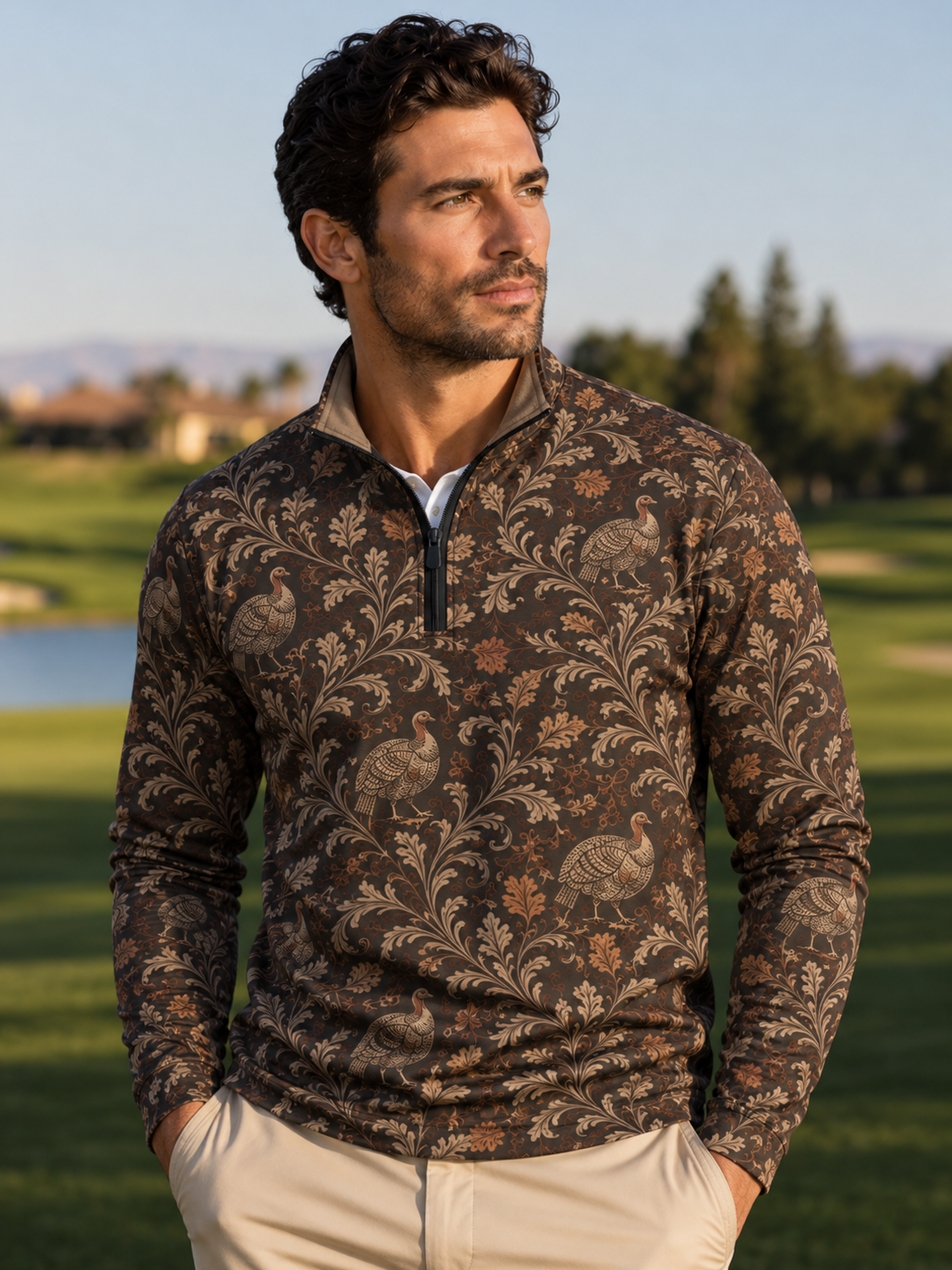 Dark Brown Vintage Turkey Print Performance Golf Quarter-Zip Pullover