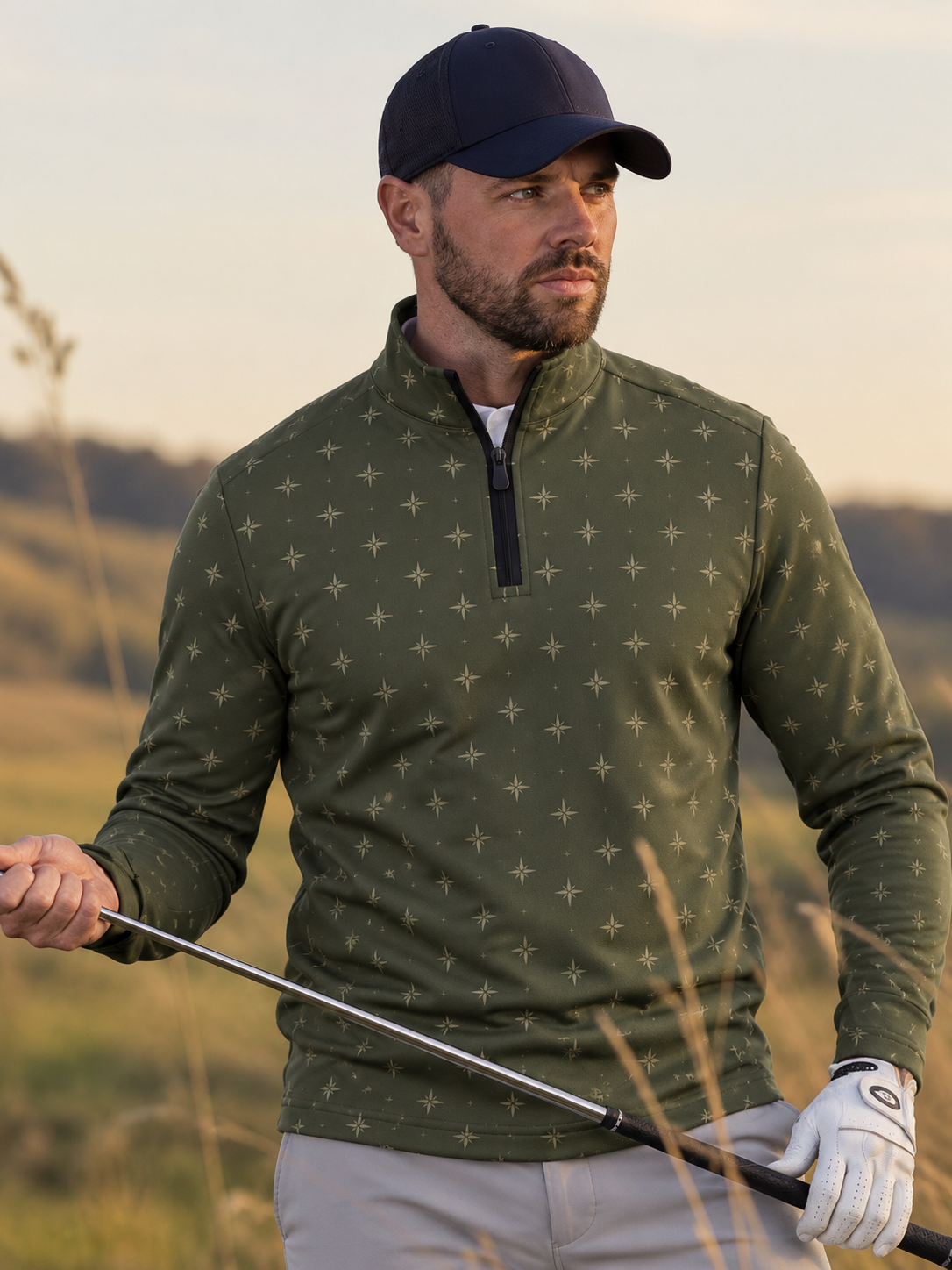 Olive Green Starburst Print Performance Golf Quarter-Zip Pullover