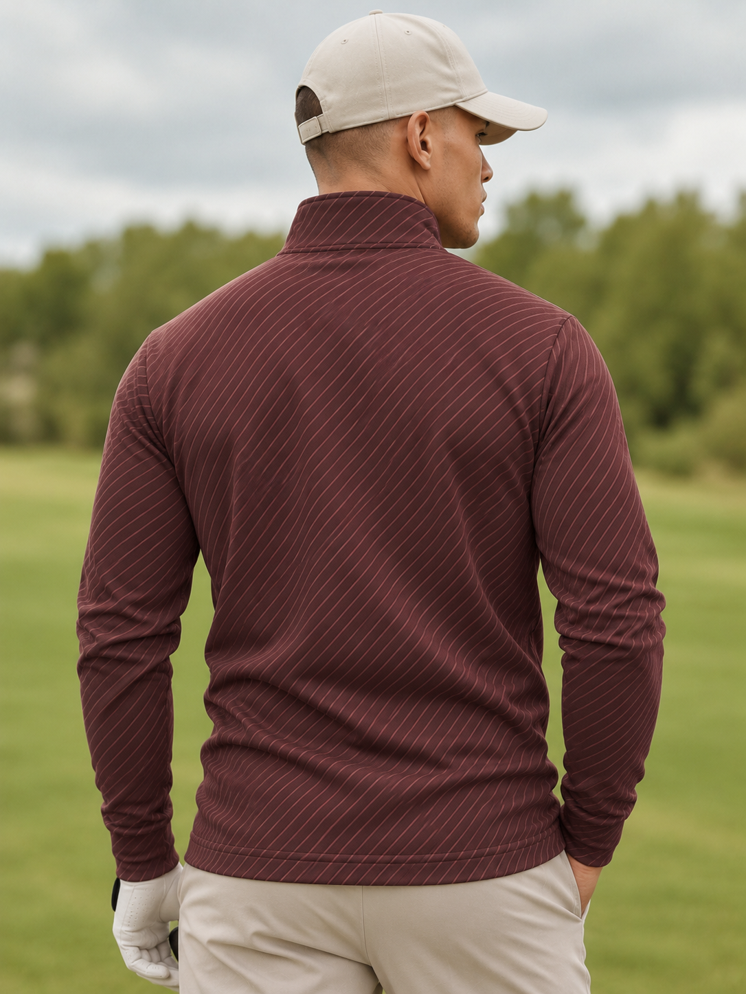 Burgundy Diagonal Stripe Print Performance Golf Quarter-Zip Pullover