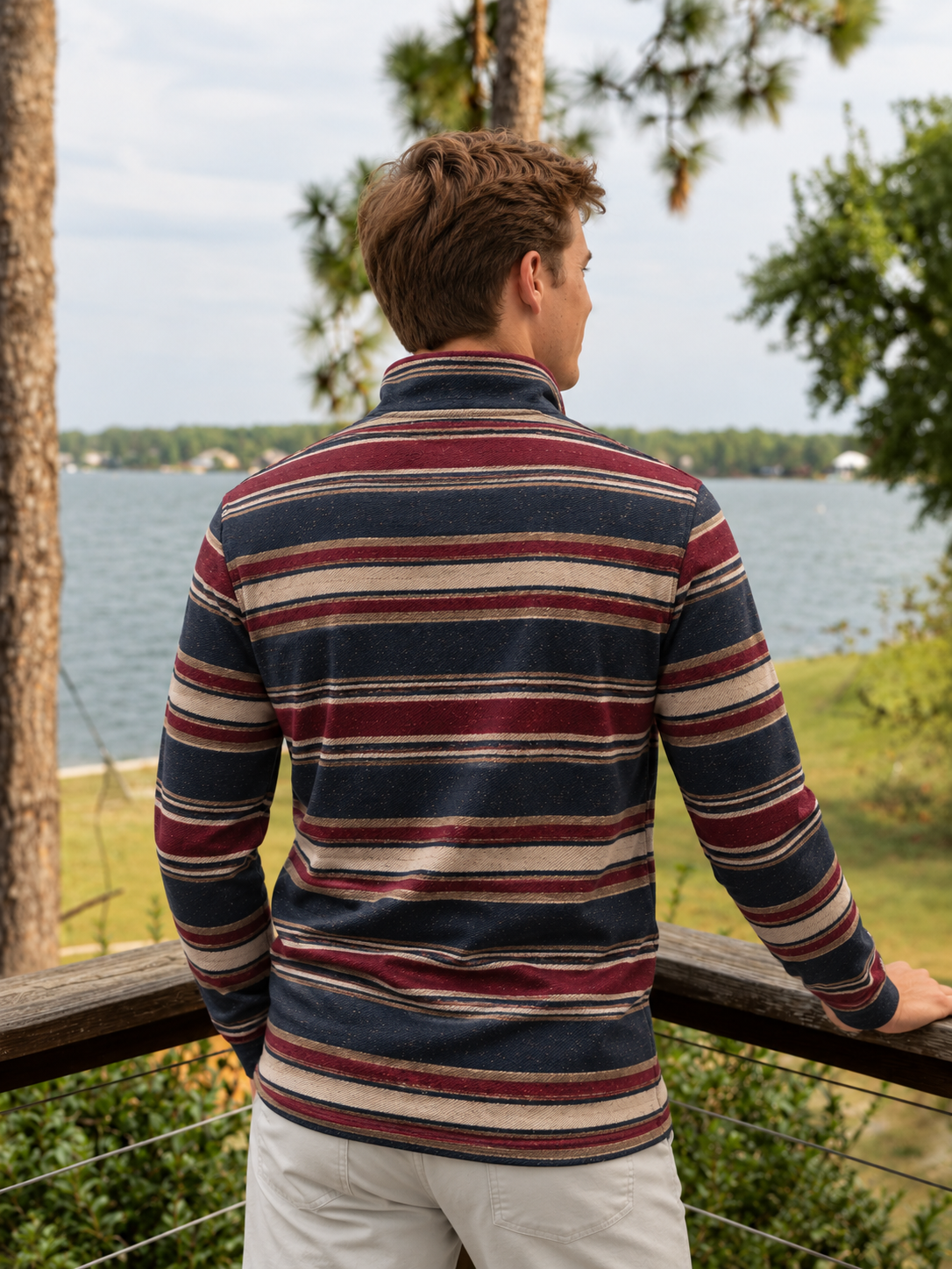 Navy Burgundy Cream Stripe Print Performance Golf Quarter-Zip Pullover