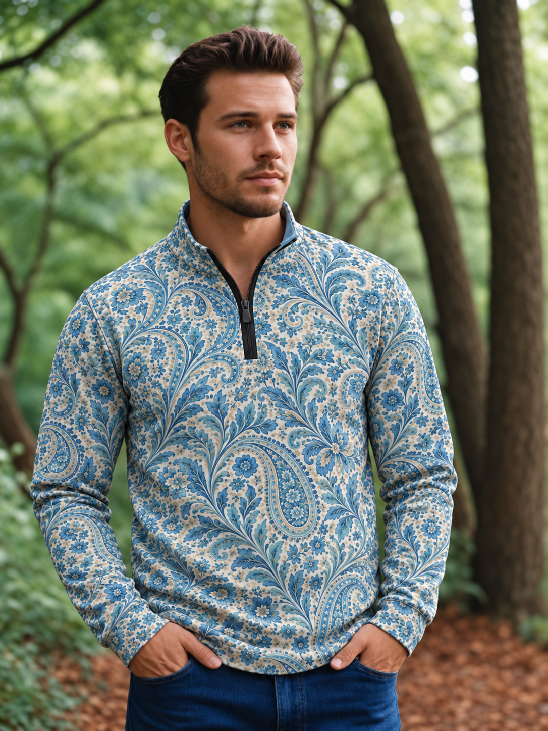 Sky Blue Floral Paisley Print Performance Golf Quarter-Zip Pullover
