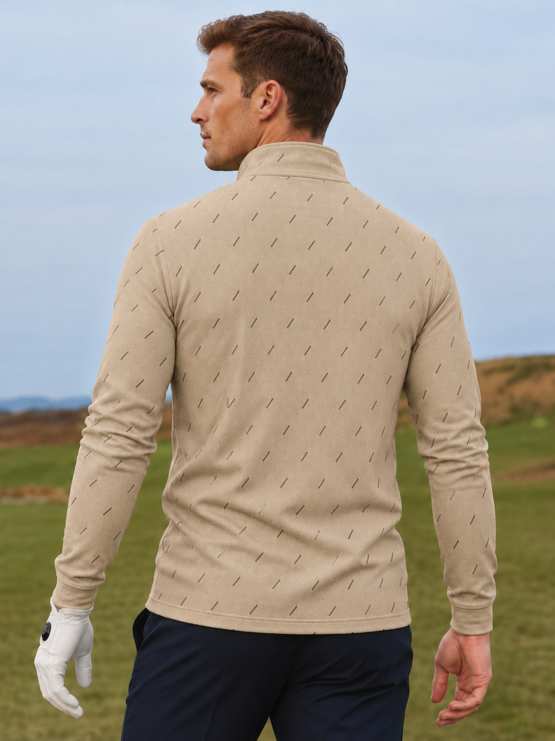Ivory Beige Micro Dash Print Performance Golf Quarter-Zip Pullover