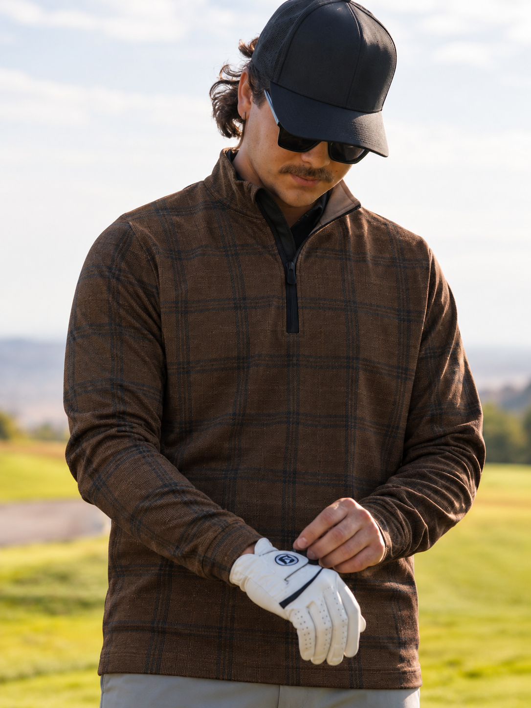 Rich Brown Windowpane Plaid Print Performance Golf Quarter-Zip Pullover