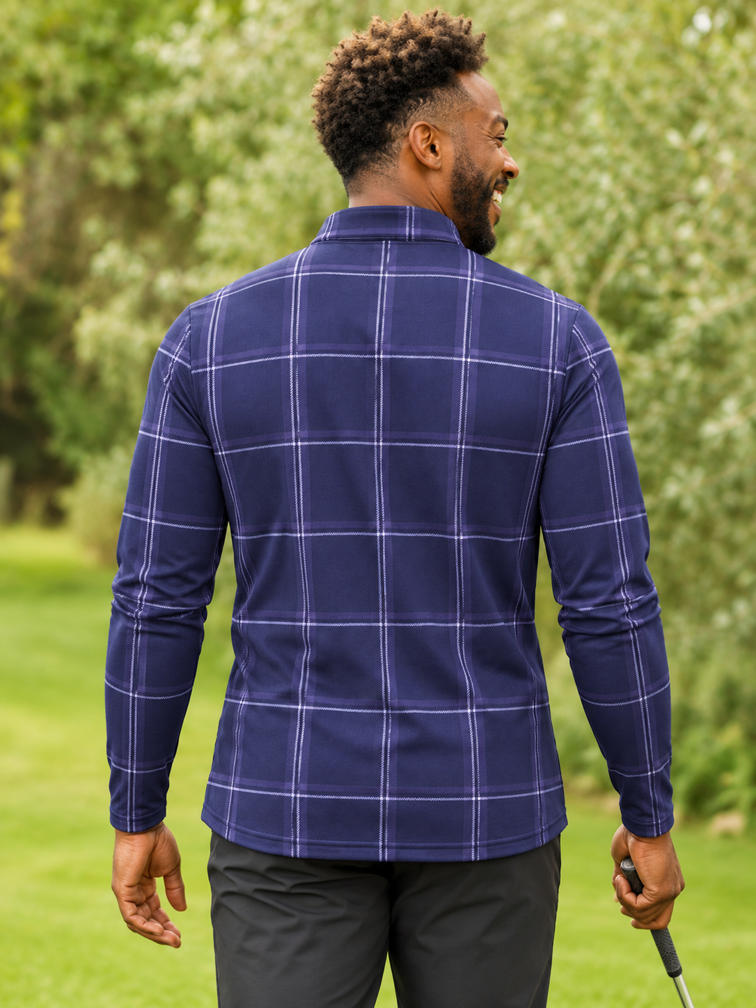 Navy Lavender Windowpane Plaid Performance Golf Quarter-Zip Pullover