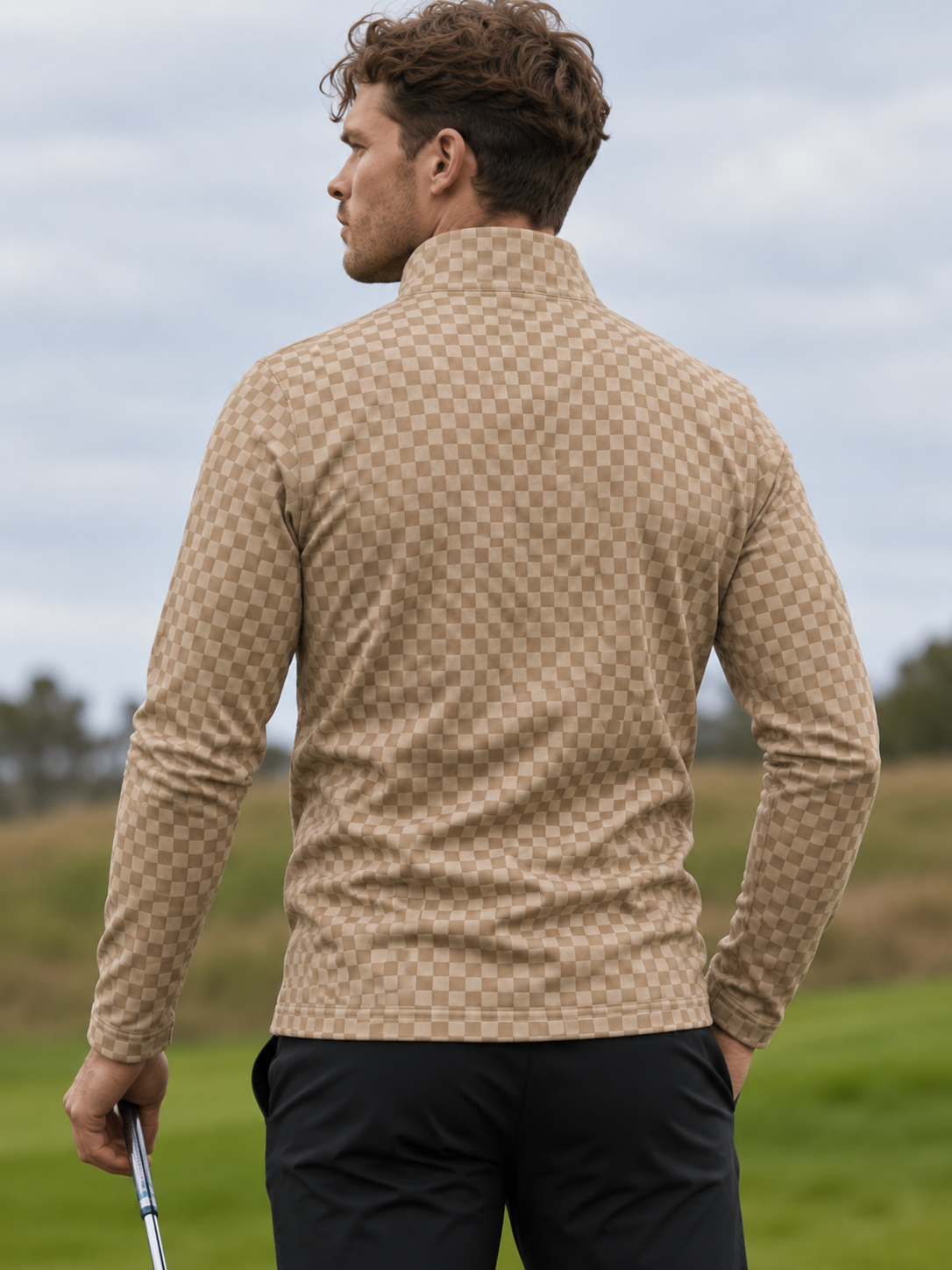 Cream Beige Checkerboard Print Performance Golf Quarter-Zip Pullover