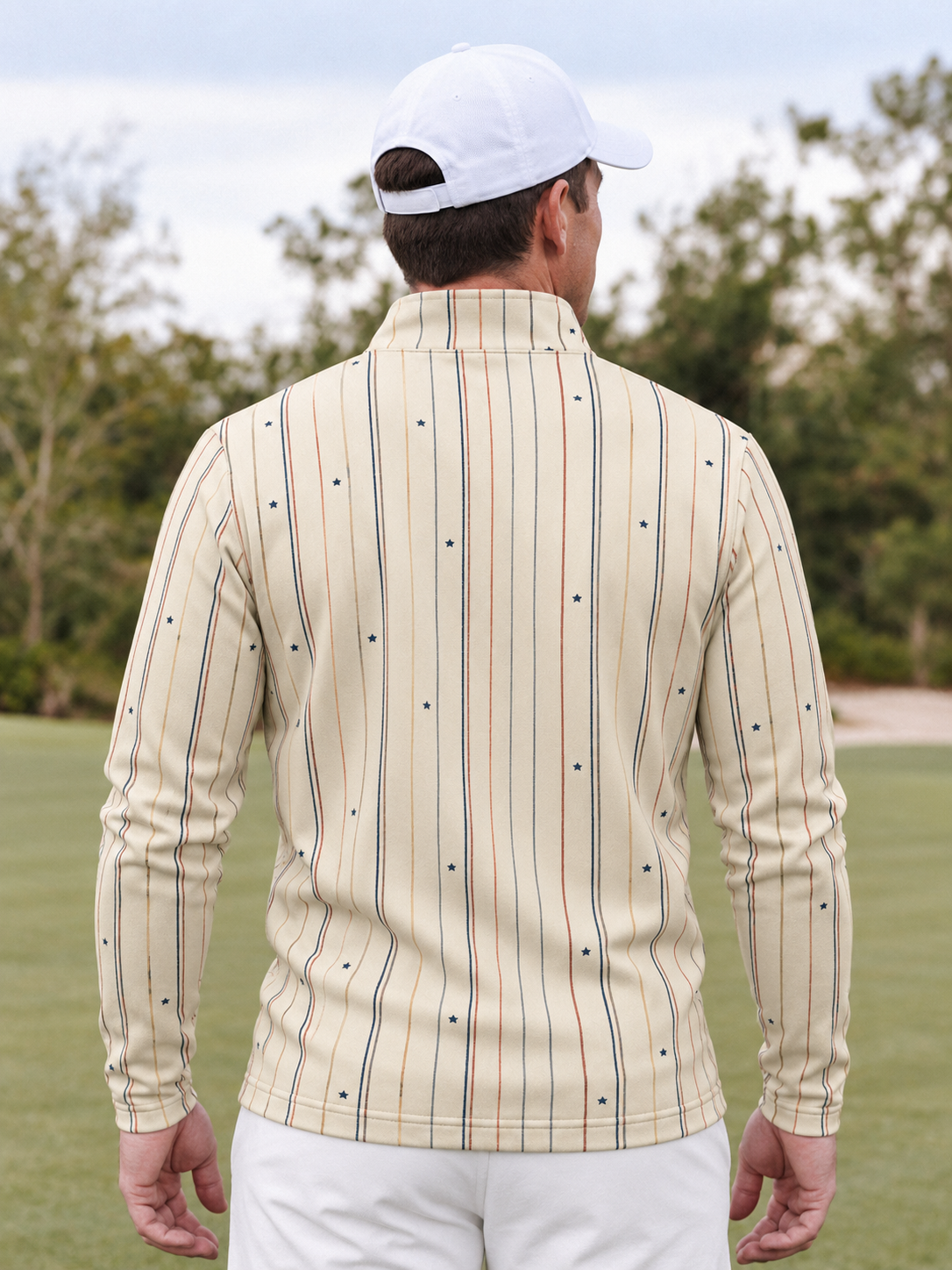 Cream Star and Multicolor Stripe Print Men's Golf Quarter-Zip Pullover
