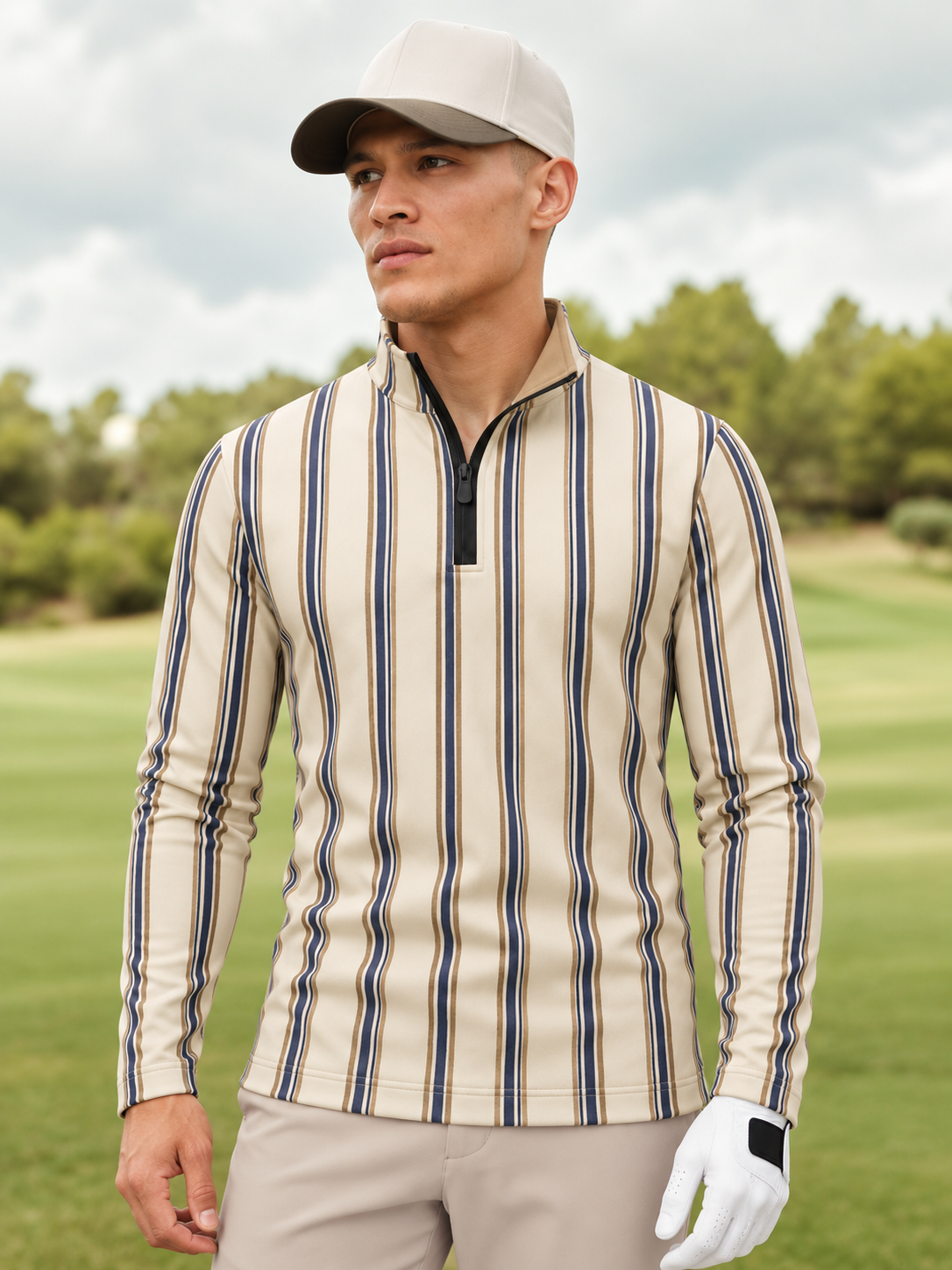Cream Navy Blue Vertical Stripe Print Men's Golf Quarter-Zip Pullover