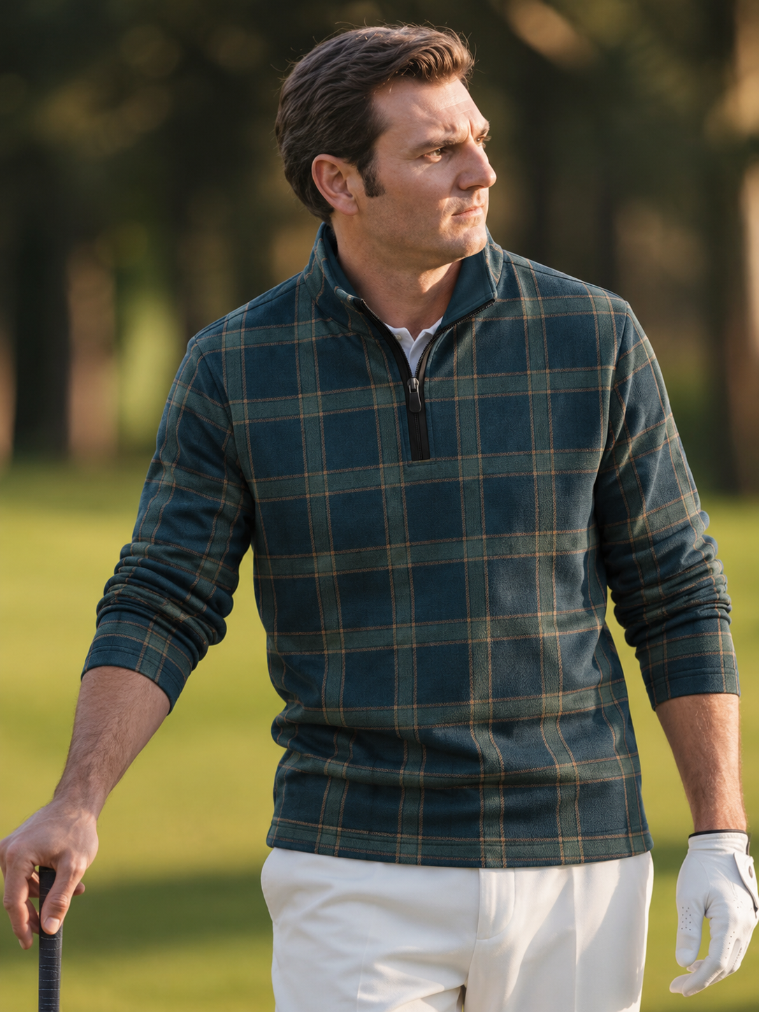 Deep Teal Blue Heritage Plaid Print Performance Golf Quarter-Zip Pullover