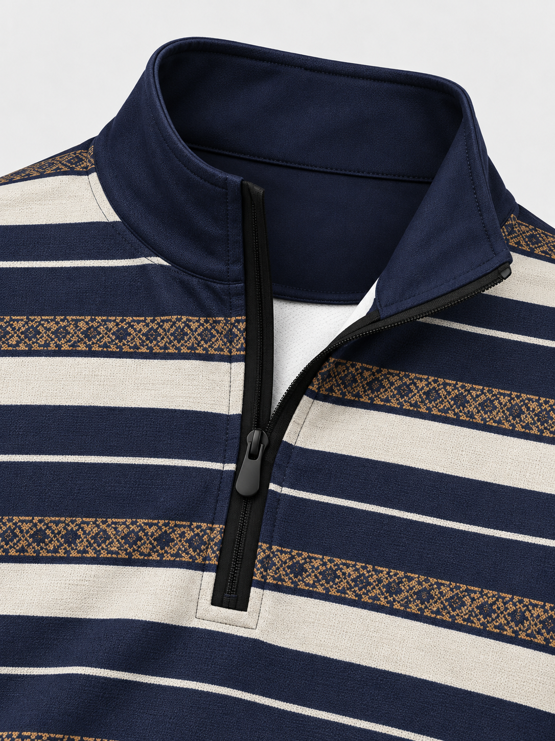 Navy Ivory and Gold Banded-Print Performance Golf Quarter-Zip Pullover