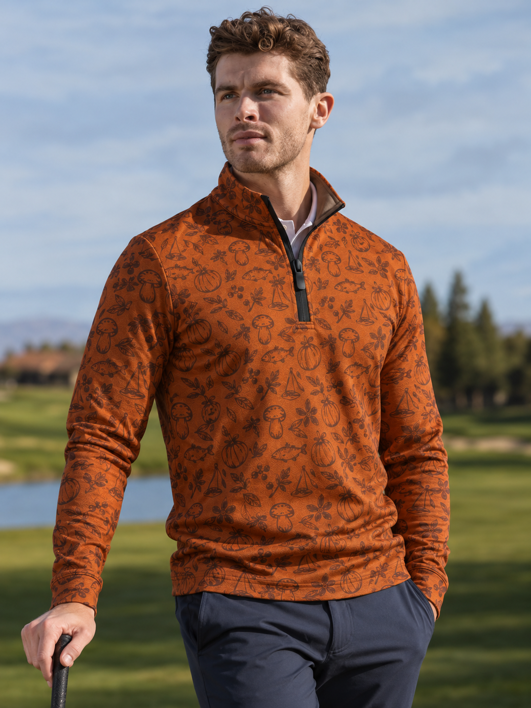 Burnt Orange Autumn Print Performance Golf Quarter-Zip Pullover