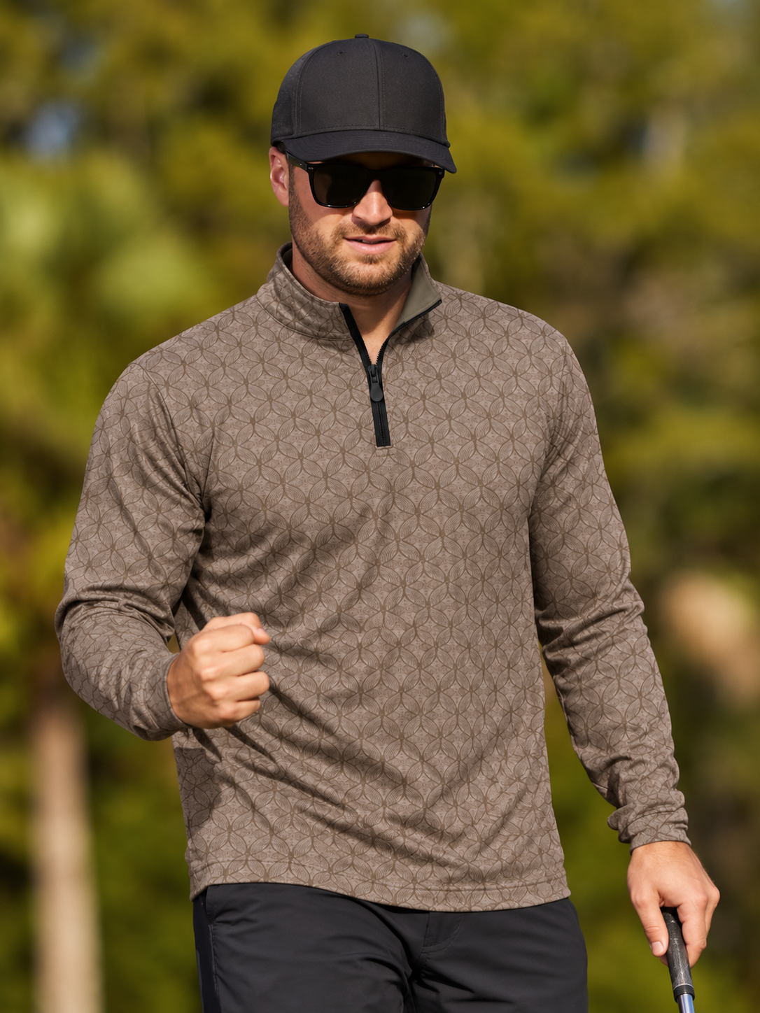 Taupe Brown Geometric Print Performance Golf Quarter-Zip Pullover