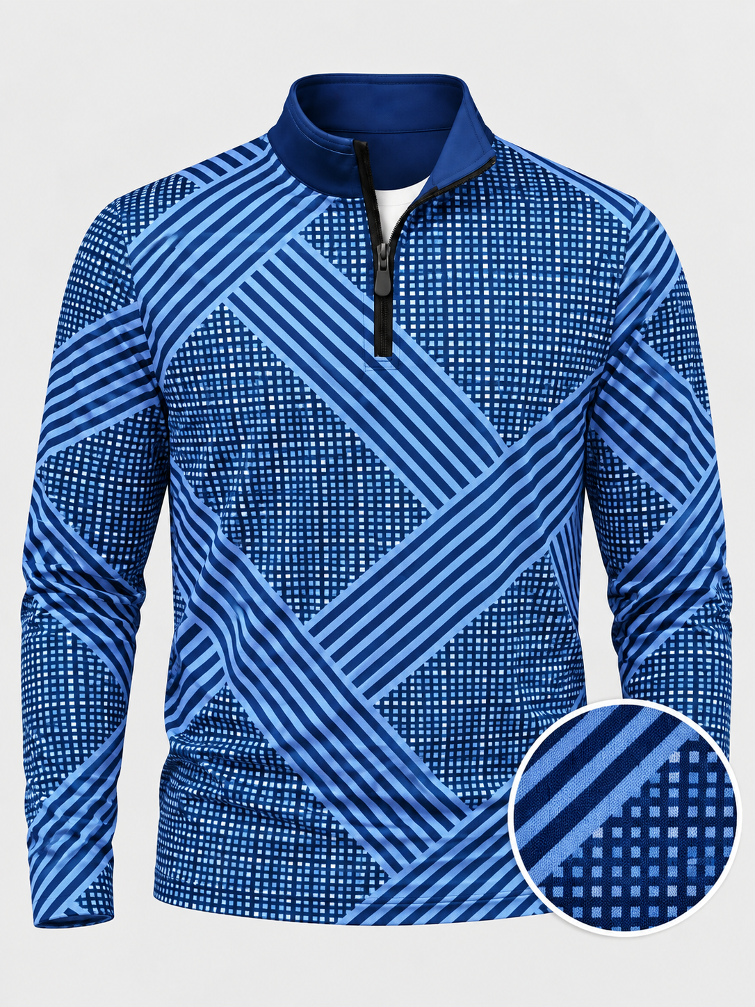 Navy Blue Grid and Diagonal-Stripe Performance Golf Quarter-Zip Pullover