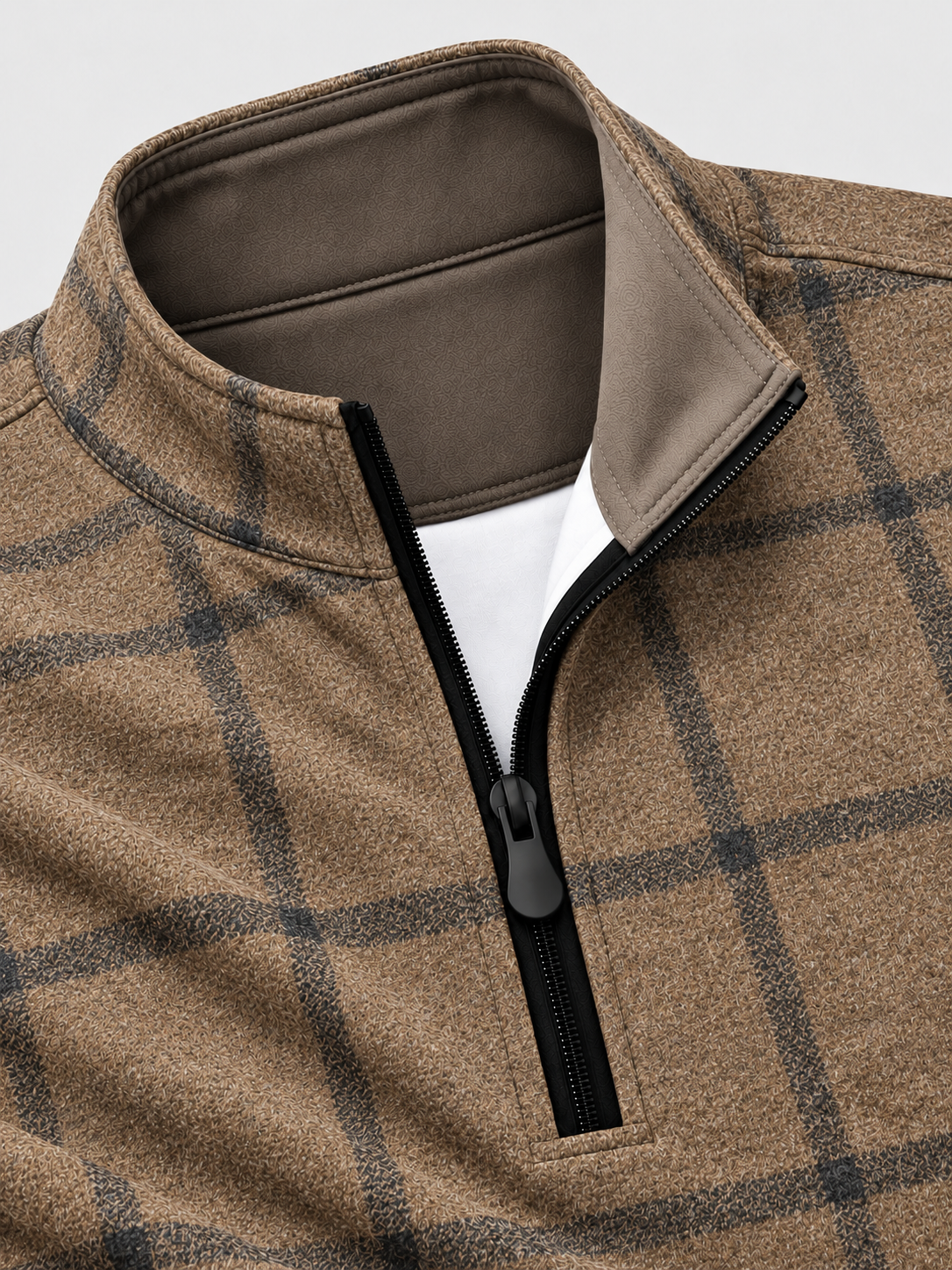 Camel Brown Windowpane Plaid Print Performance Golf Quarter-Zip Pullover