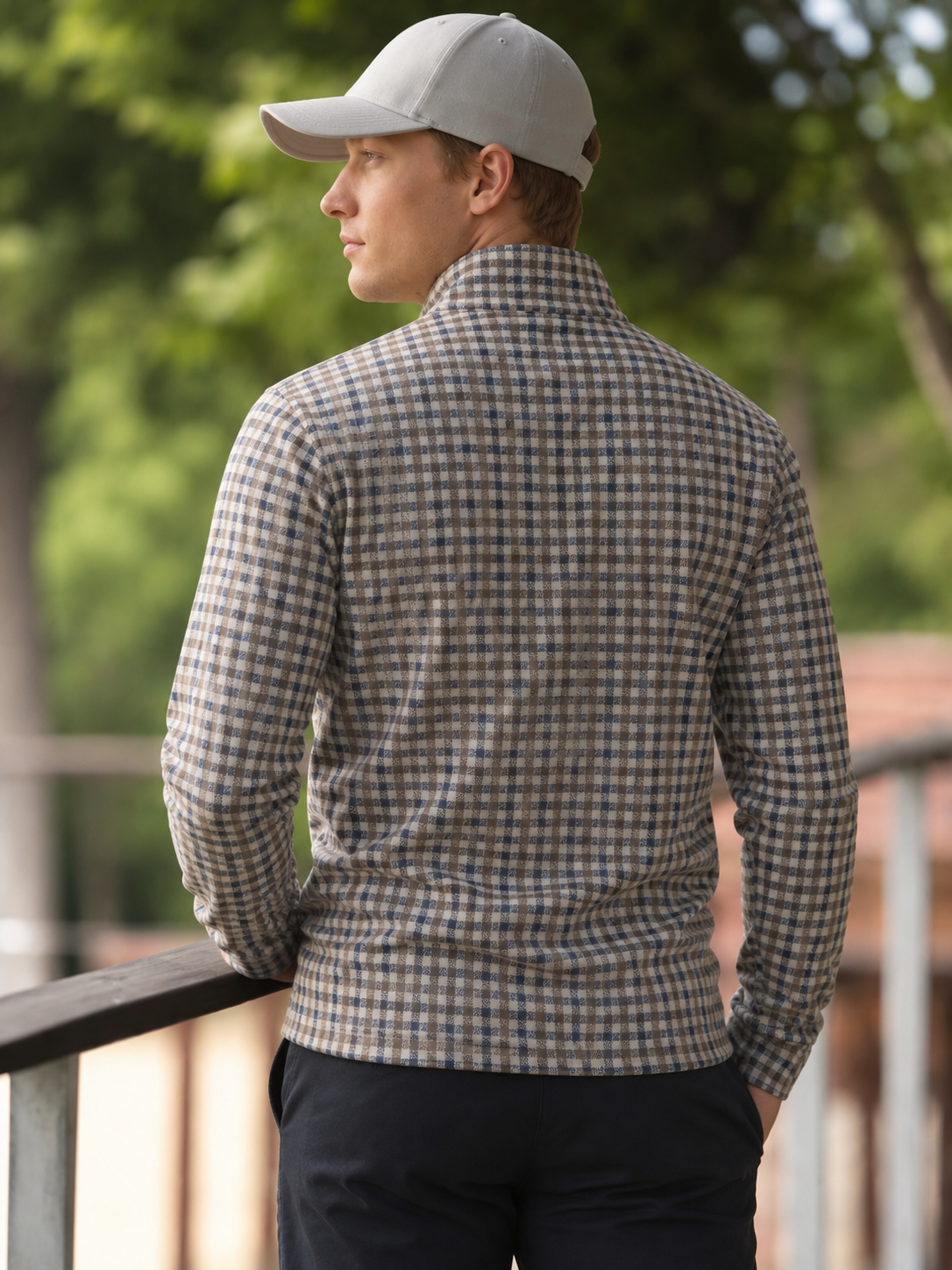 Navy Blue & Taupe Micro Check Print Performance Golf Quarter-Zip Pullover