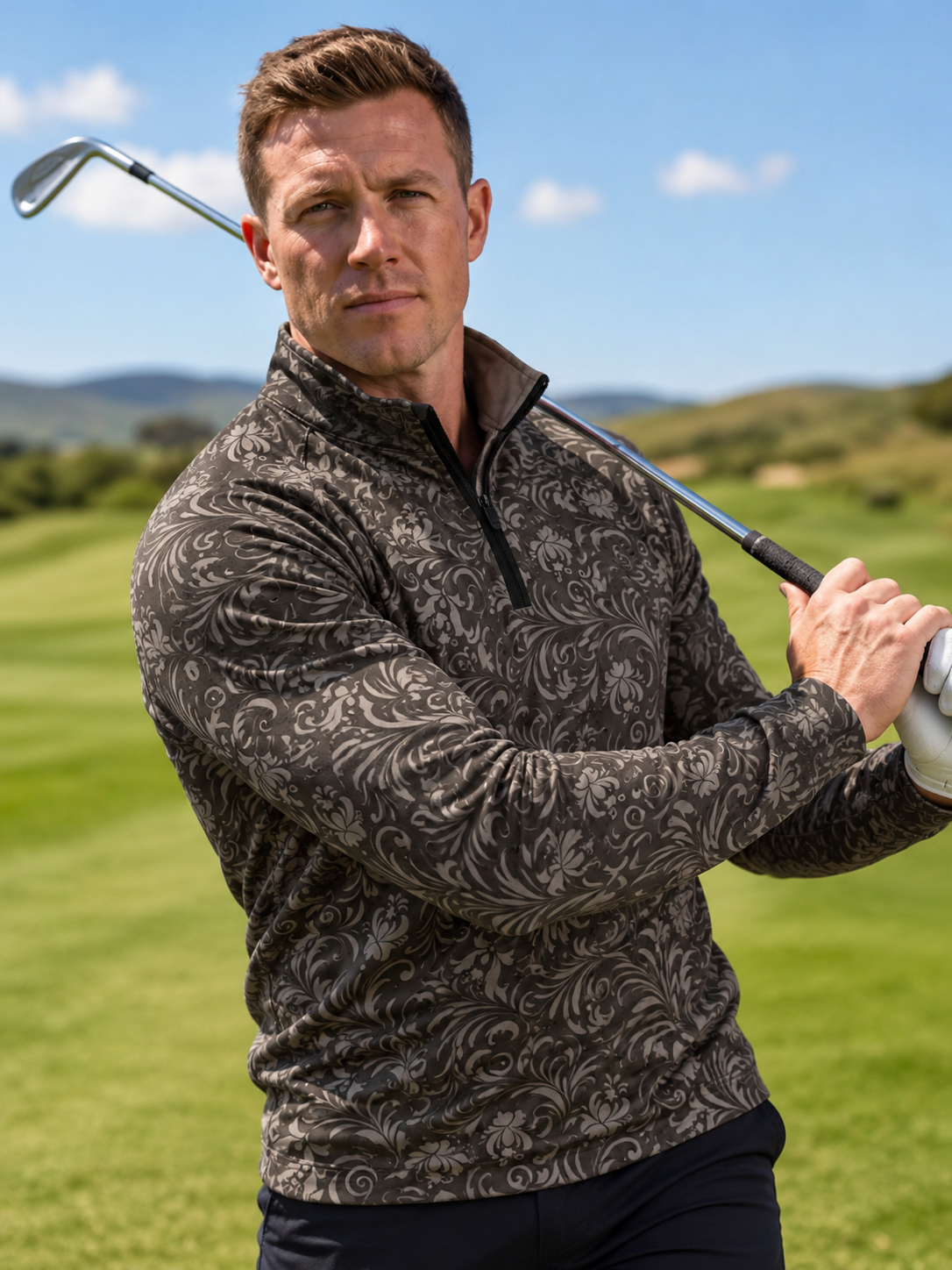 Dark Brown Vintage Floral Print Performance Golf Quarter-Zip Pullover