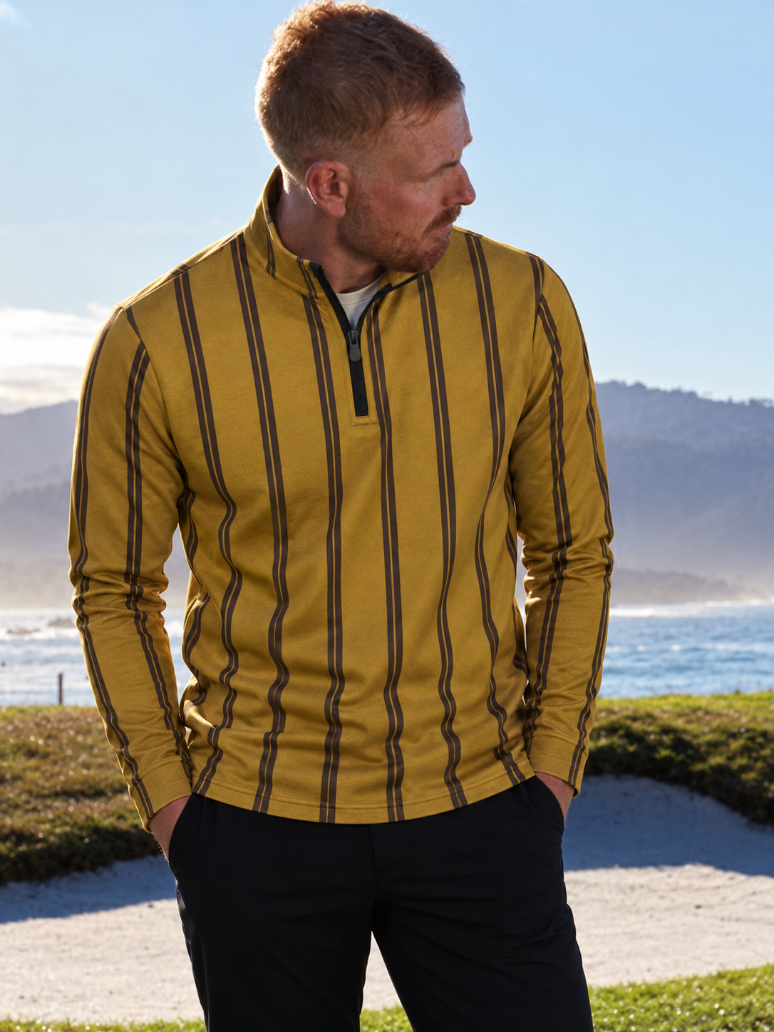 Mustard Yellow Striped Performance Golf Quarter-Zip Pullover