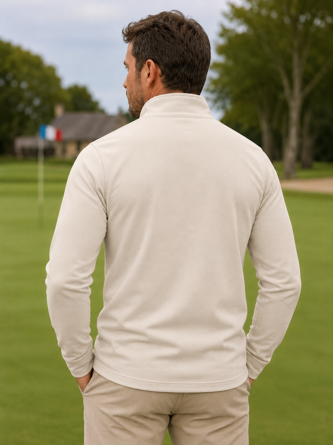 Cream Beige Textured Performance Golf Quarter-Zip Pullover
