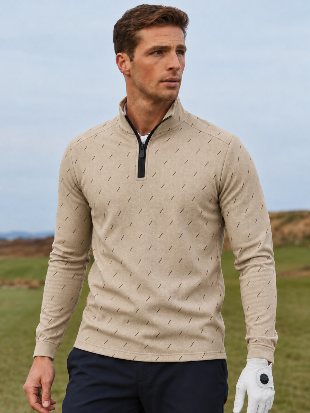 Ivory Beige Micro Dash Print Performance Golf Quarter-Zip Pullover