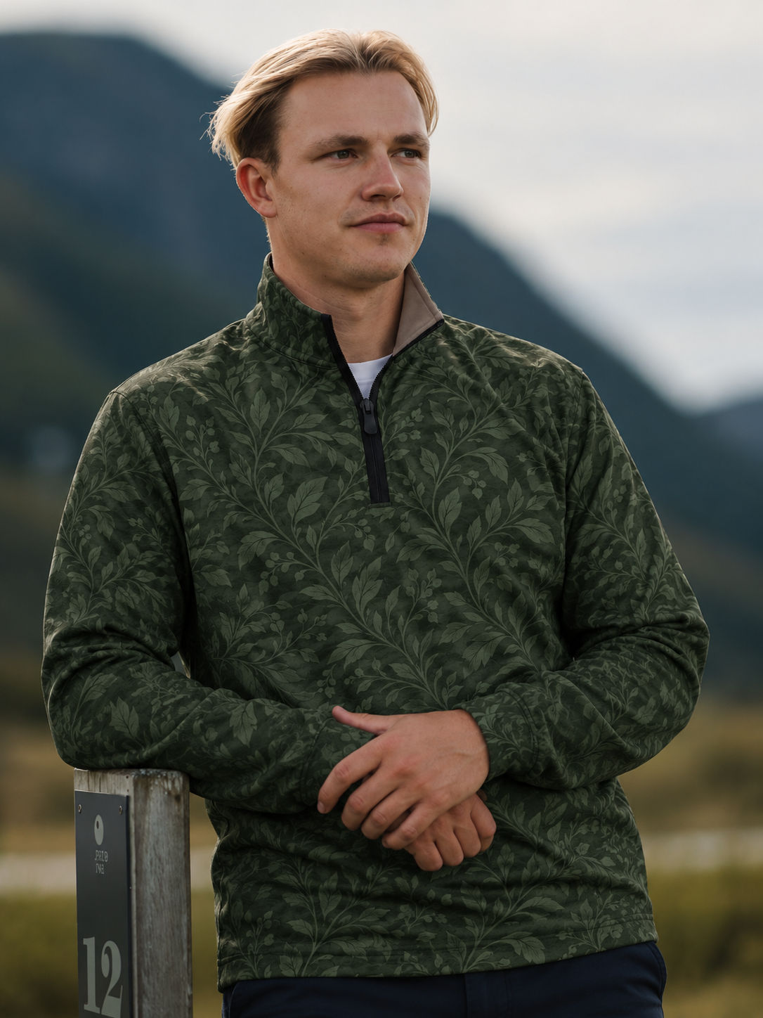 Dark Forest Green Botanical Print Performance Golf Quarter-Zip Pullover