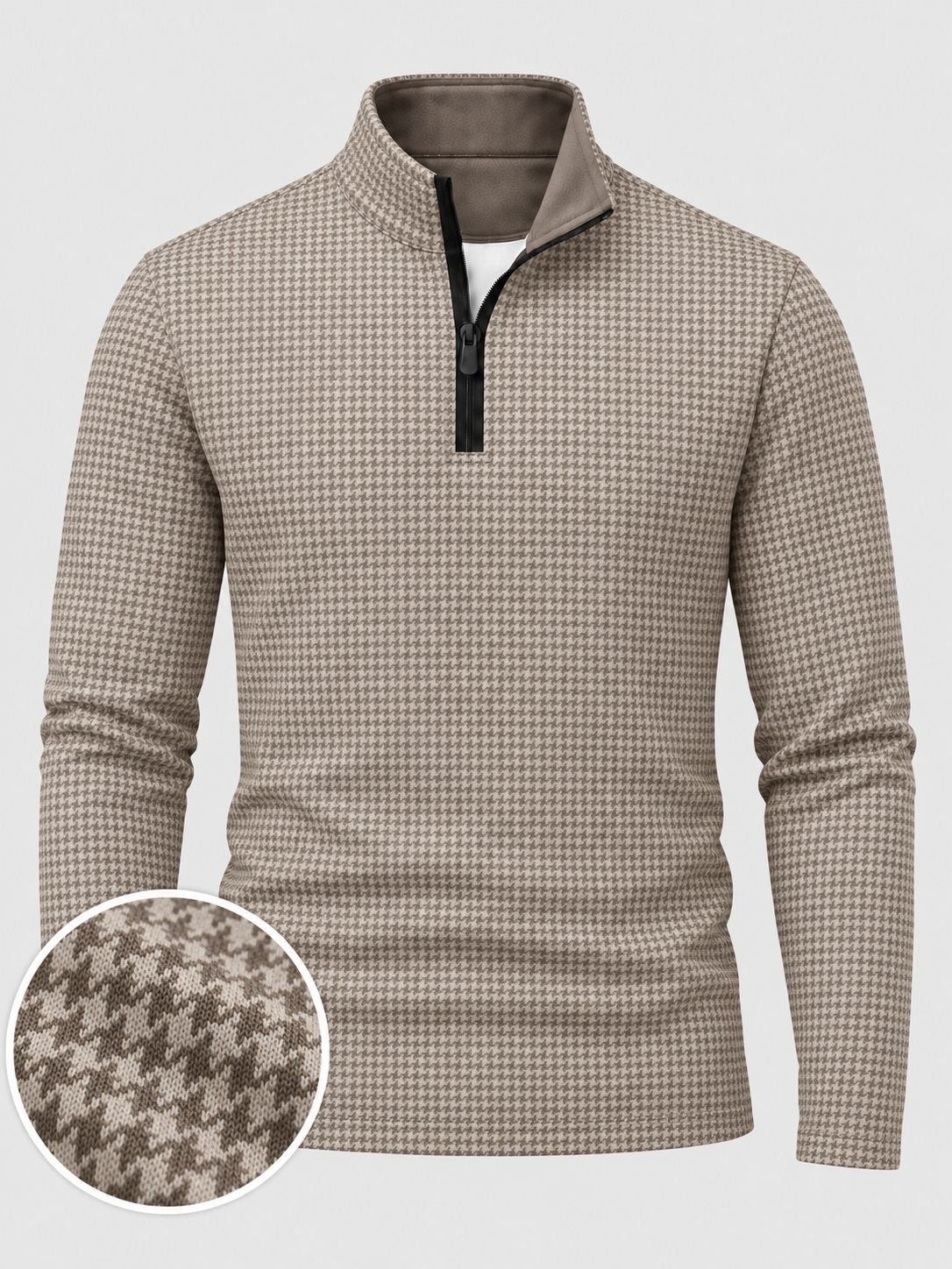 Classic Taupe Houndstooth Print Men's Golf Quarter-Zip Pullover