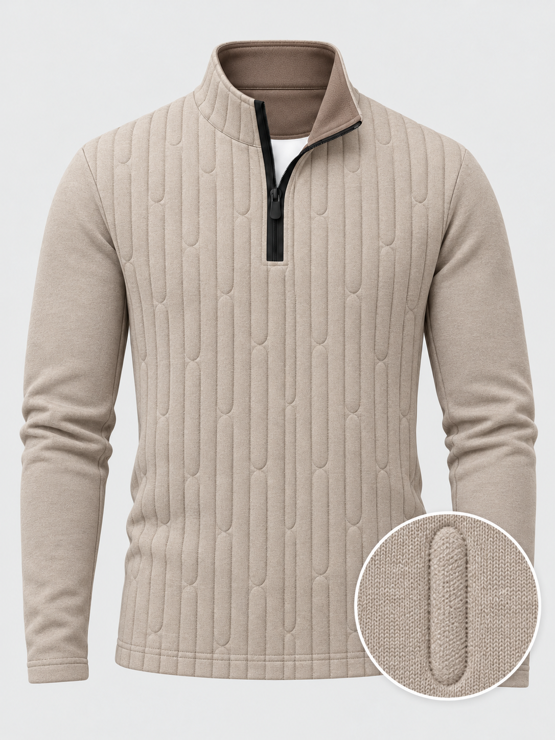 Oatmeal Beige Vertical Cable Texture Print Performance Golf Quarter-Zip Pullover