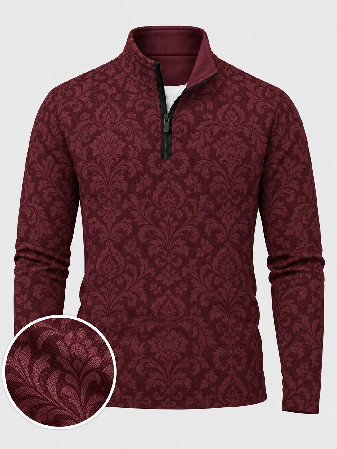 Burgundy Ornate Damask Print Performance Golf Quarter-Zip Pullover