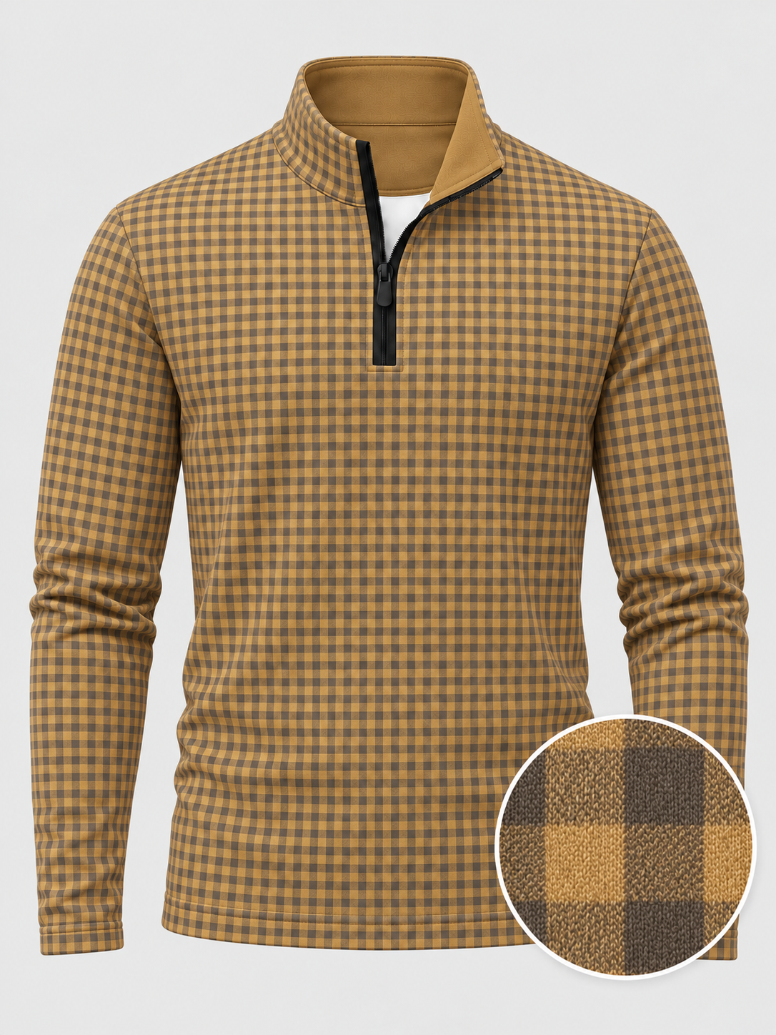 Golden Mustard Gingham Check Print Performance Golf Quarter-Zip Pullover