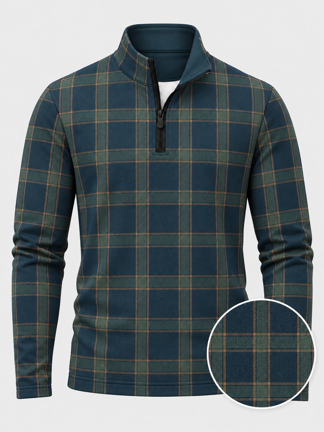 Deep Teal Blue Heritage Plaid Print Performance Golf Quarter-Zip Pullover