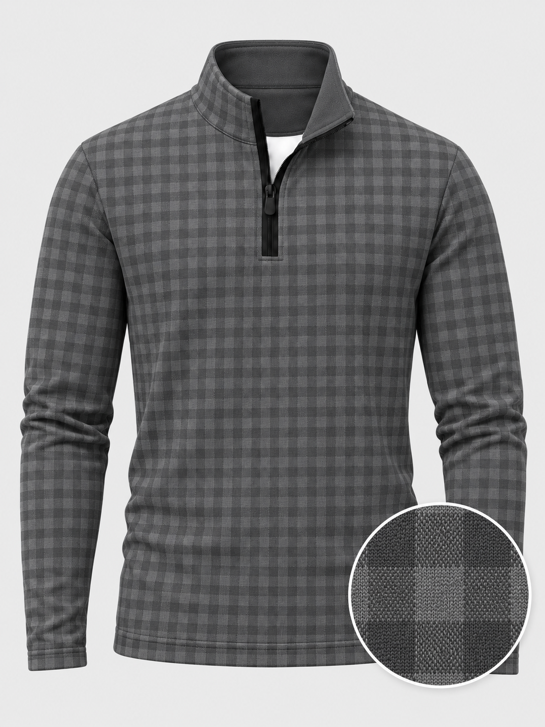 Charcoal Gray Gingham Check Print Performance Golf Quarter-Zip Pullover