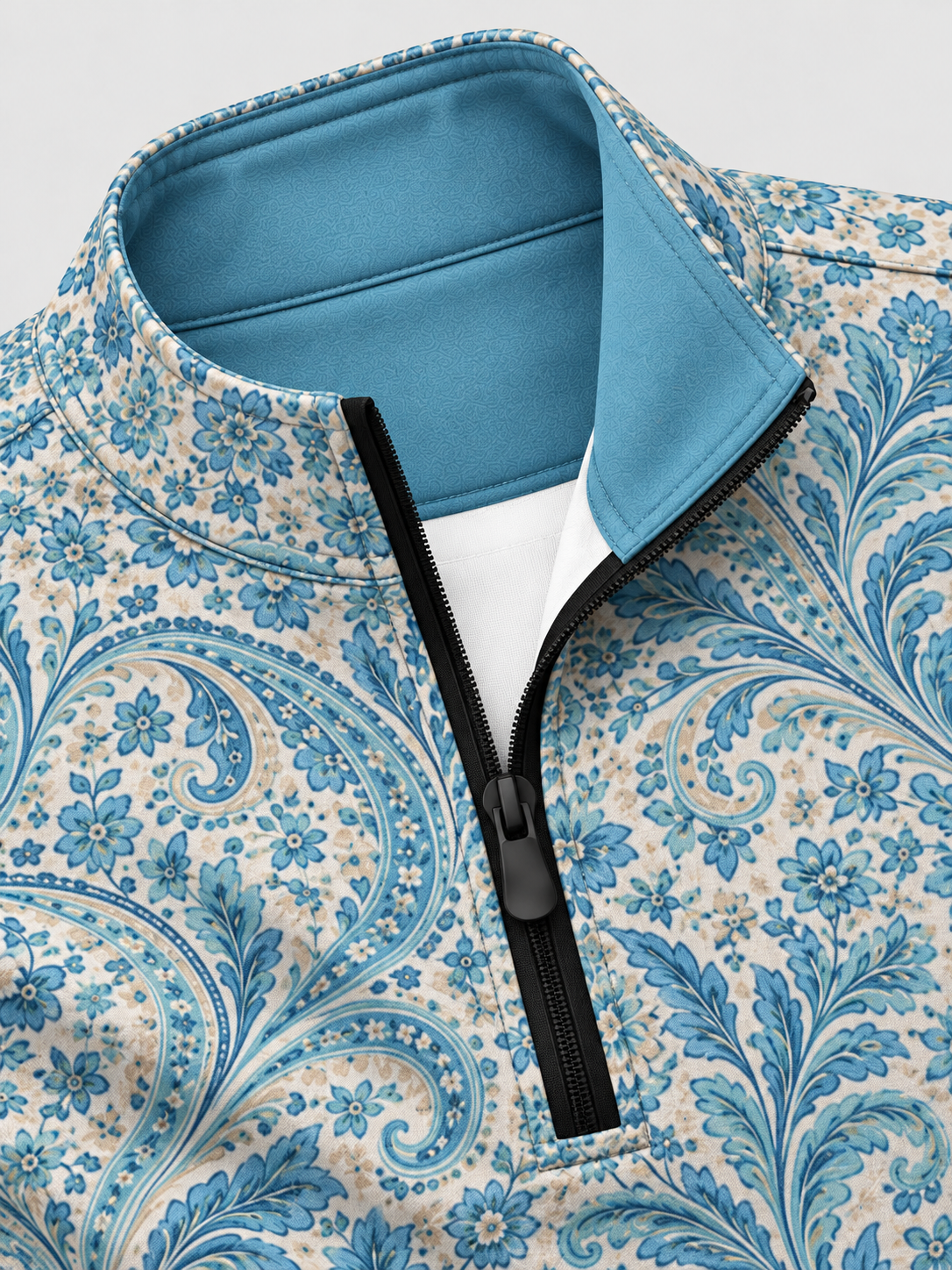 Sky Blue Floral Paisley Print Performance Golf Quarter-Zip Pullover
