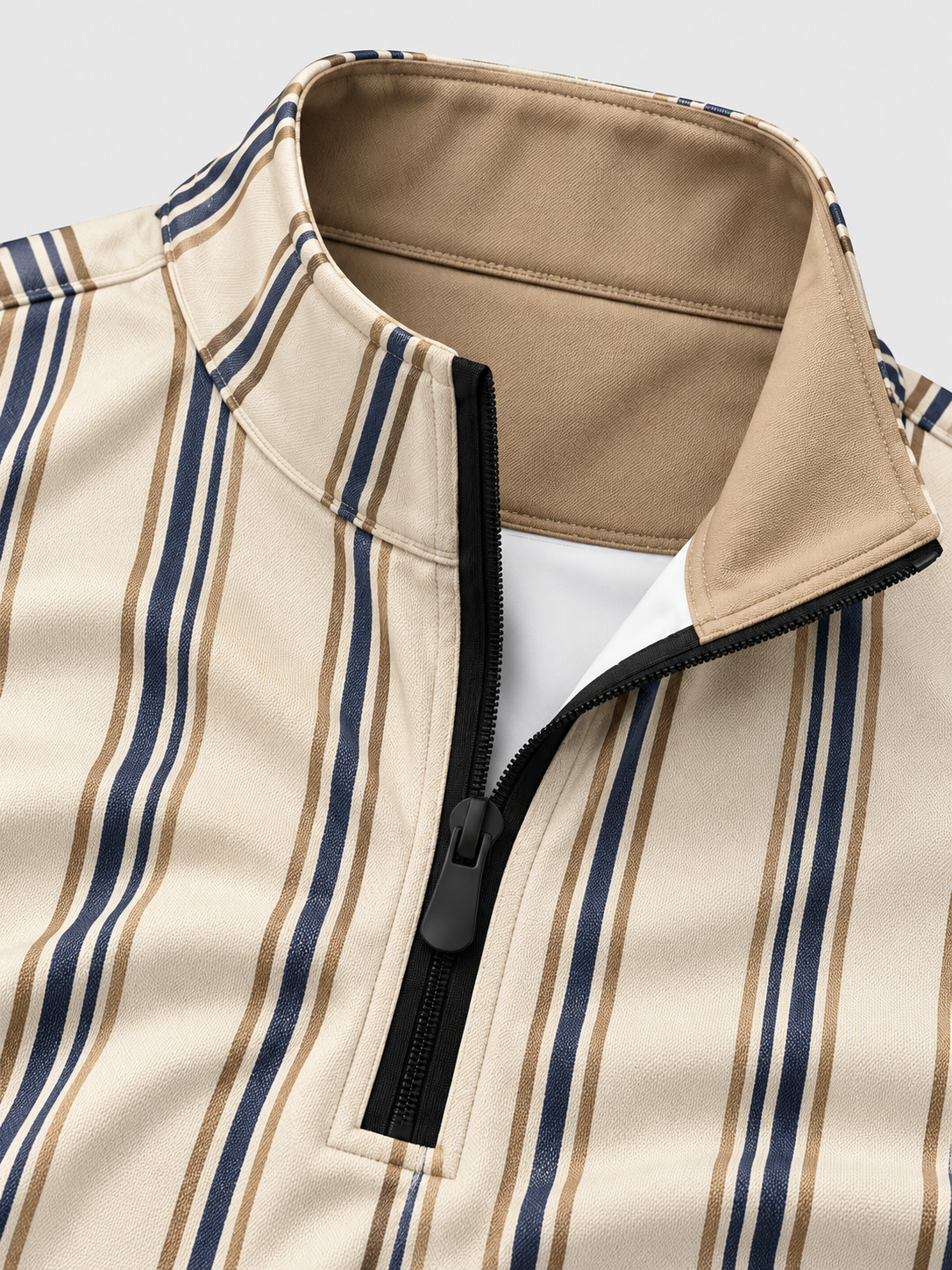 Cream Navy Blue Vertical Stripe Print Men's Golf Quarter-Zip Pullover