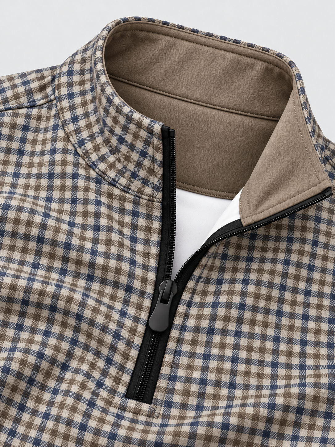Navy Blue & Taupe Micro Check Print Performance Golf Quarter-Zip Pullover