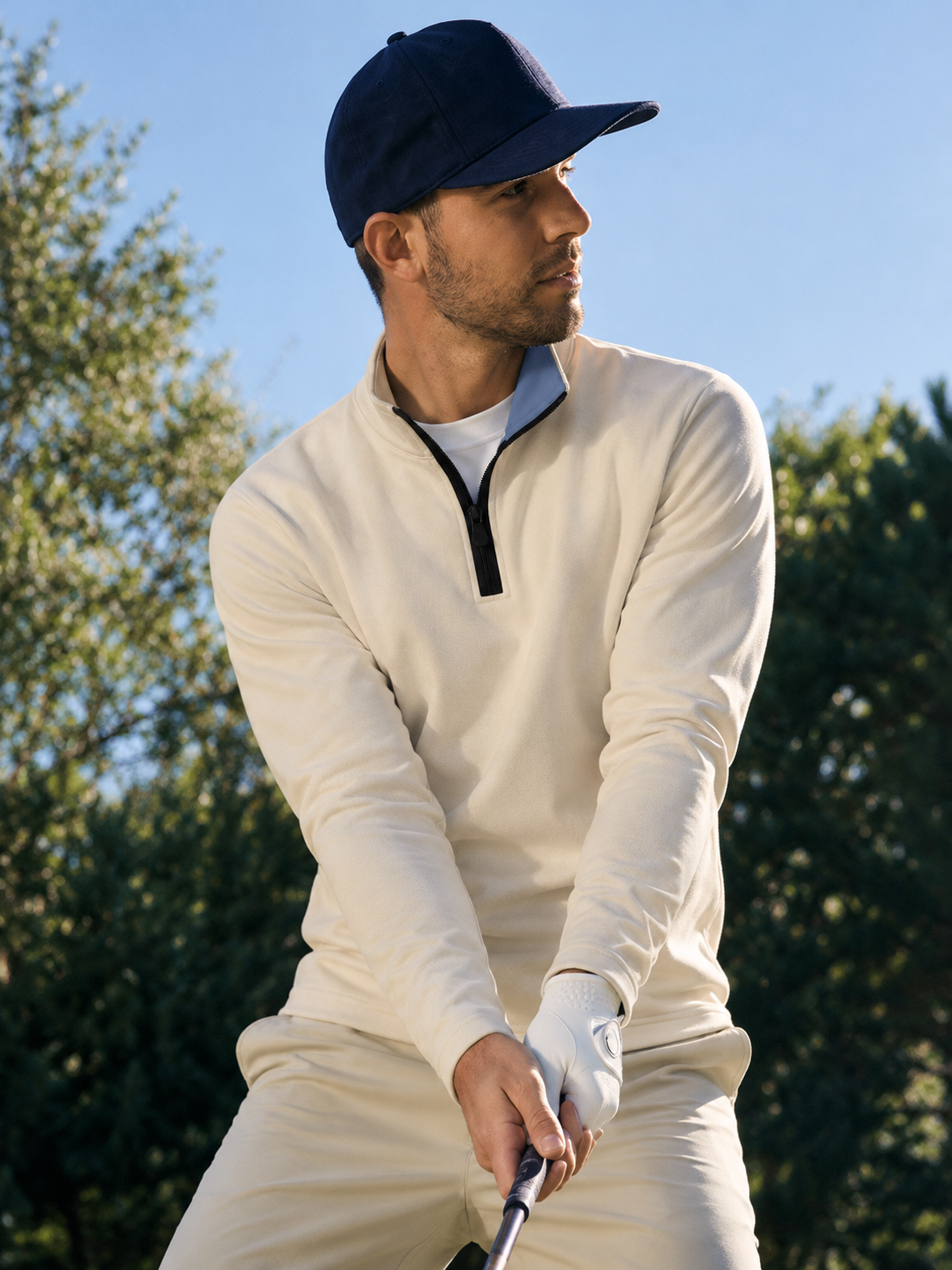 Ivory Cream Solid Color Print Performance Golf Quarter-Zip Pullover