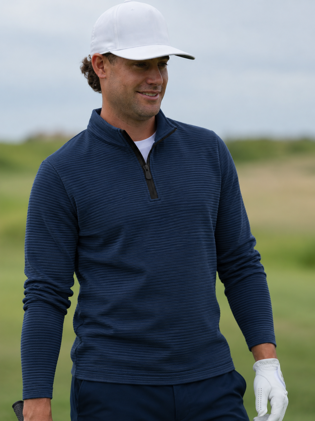 Deep Navy Ribbed Texture Print Performance Golf Quarter-Zip Pullover