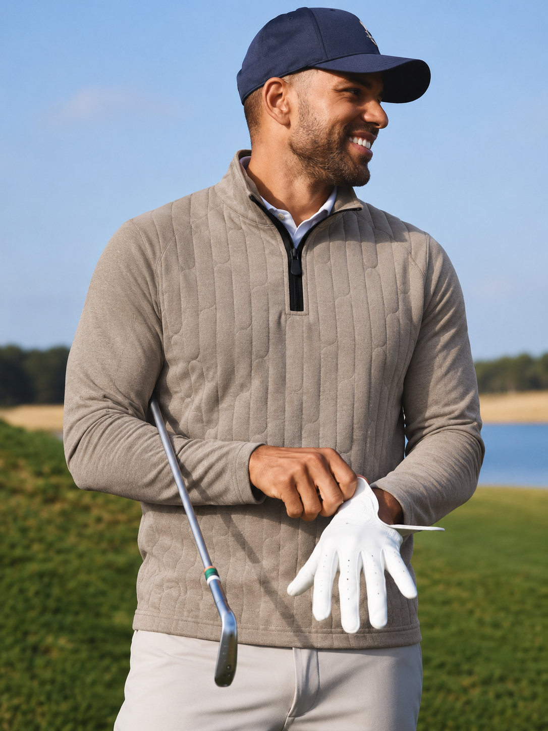 Oatmeal Beige Vertical Cable Texture Print Performance Golf Quarter-Zip Pullover