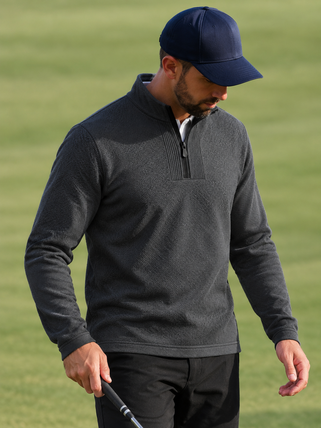 Charcoal Gray Micro-Knit Texture Print Performance Golf Quarter-Zip Pullover