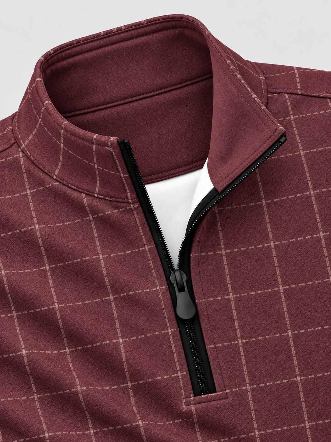Burgundy Stitched Windowpane Print Performance Golf Quarter-Zip Pullover
