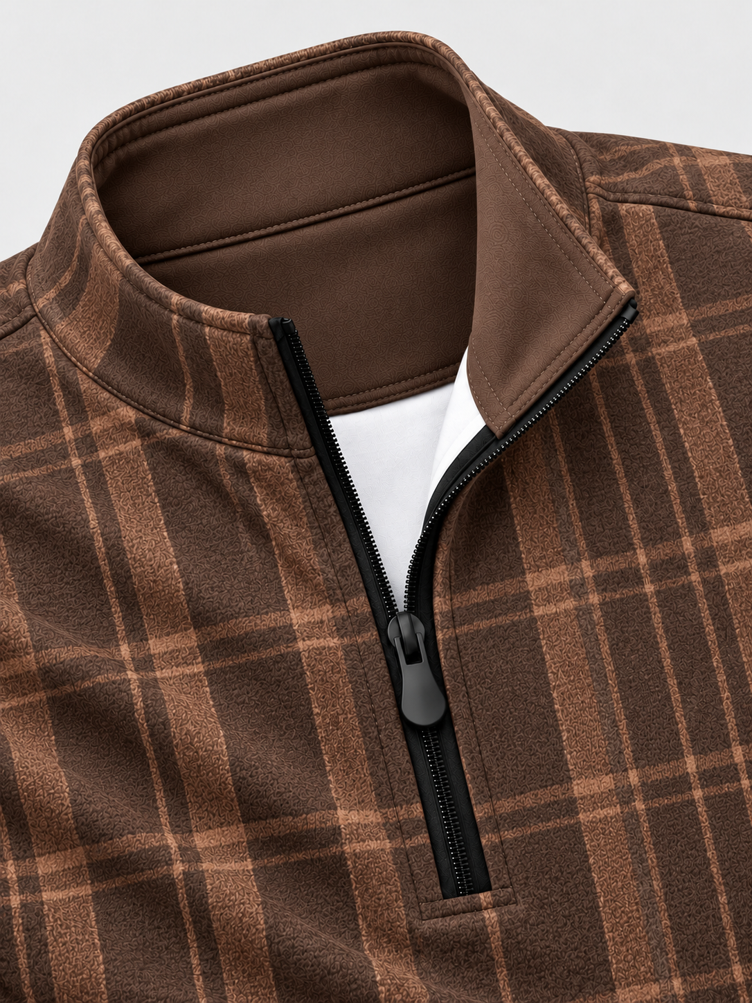 Mocha Brown Layered Plaid Print Performance Golf Quarter-Zip Pullover